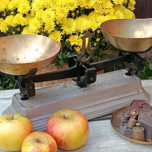 Antique Pharmacy Balance Scales With Brass Pans, in a Wooden Box and With Weights, Mid Century, Brass Balance Scale 1 kg