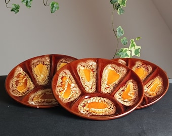 Vintage Fondue Plates With Divider, Mid Century, Antique Plates for Cheese or Seafood, French Majolica 1960, Stamp Vallauris