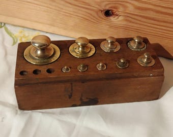 Vintage Set 9 Weights for Scales, Antique Brass Weights Set Mid Century, Bronze Weights for Scales 500g to 5g in Original Wooden Box, 1950