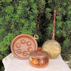 Vintage Copper Cookware Set of 3, Antique Cooking Pots, Copper Pan for Snails, Copper Pan With Bronze Lid, Mid Century, Copper Utensils
