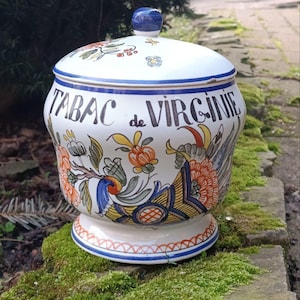 Vintage Porcelain Tobacco Storage Jar with Hand Painted - Tabac de Virginie, Antique Ceramic Pipe Tobacco Jar with Lid, Collectibles Tobacco