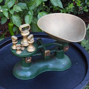 Könnte beinhalten: Eine mechanische Waage im Vintage-Stil mit einem dunkelgrünen Gusseisensockel und einer großen, flachen Messingschale. Die Waage enthält einen Satz von fünf abgestuften Messinggewichten auf einer runden Plattform, jedes mit einem kleinen Griff.