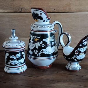 Ceramic Set Deruta, Mid Century, Vintage Pottery Pitcher, Candlestick, Jar, Antique Italian Majolica With Etruscan Motif, Augusta Deruta