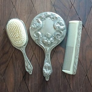 Set Vintage Silver Plated with Hand Mirror, Hair Brush and Comb, Ladies Dressing Table Set Mid Century, Art Deco