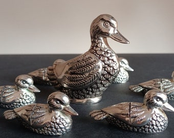 Vintage Silver Plated Ducks, Name Place Holders Rests, Plated Silver Plated Duck Toothpick Holder, 7 Piece Set, Mid Century, Silea