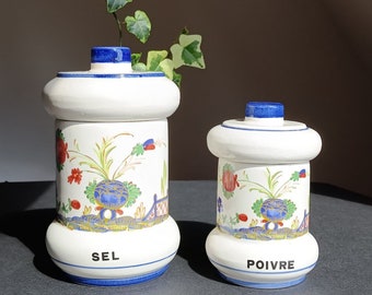 Duo vintage di barattoli di sale e pepe in ceramica, barattoli di sale/pepe in ceramica francese antico, arredamento da cucina, sale e pepe vintage francese