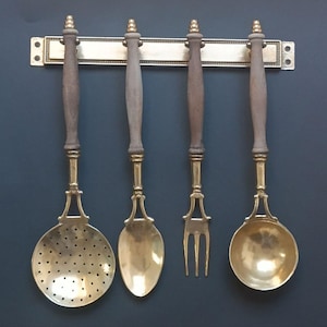 Set 4 Vintage French Kitchen Utensils, Mid Century, Kitchen Utensils Fork, Spoon, Ladle, Skimmer, Decor to Hang on the Wall, Brass Utensils