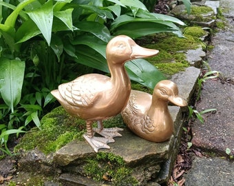 Pair of Bronze Duck Figurines Antique Brass Duck Statues Vintage Birds France 1980 Kitchen Living Room Decor
