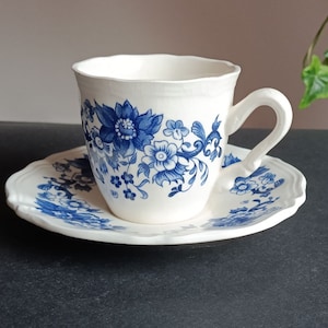 Vintage Porcelain Coffee Cup With Saucer, Antique Porcelain Coffee Cup With Plate, China Blue Porcelain, Mid Century, Sarregyemines France
