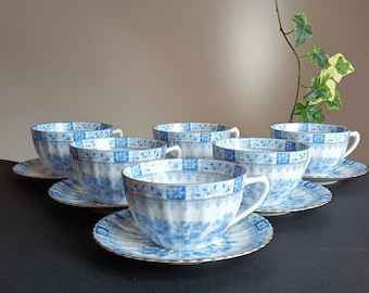 Set of 6 tea pairs, Vintage tea cups and plates, Bavarian porcelain 1924 | 1940s, tea cups and saucers, Blau Bavaria porcelain, China Blue