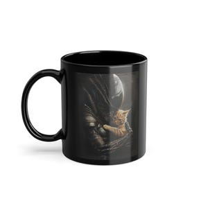 Tazza Xenomorph Alien x Jonesy Cat - Tazza carina horror fantascientifica, perfetta per i fan degli alieni, tazza da caffè in ceramica nera unica, regalo per gli amanti della fantascienza, 11 once