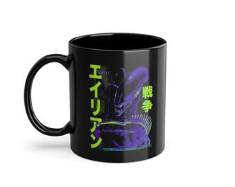 Alien Xenomorph Japanese Retro Style Black Coffee Mug, 11oz