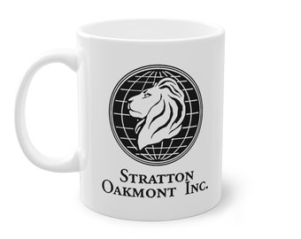 Stratton Oakmont Inc. Mug - Wolf of Wall Street Movie Merchandise - Classic White Coffee Cup with Iconic Lion Logo, 11oz