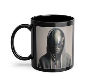 Cyberpunk Alien in Hoodie Mug: Sci-Fi Streetwear Coffee Cup