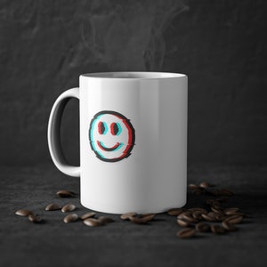 Smiley Emoji Glitch Art White Coffee Cup - Unique Digital Distortion Emoji Mug, 11oz
