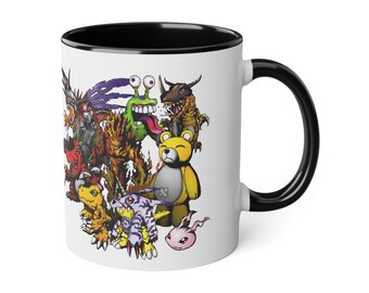 Colorful Digital Monsters Collage Mug: Vibrant Fantasy Art Coffee Cup