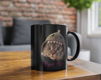 Taza negra con gorro de tiburón y gato: regalo original de gatito (325 ml)