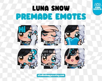 May include: Set of six digital emotes featuring a cartoon character with white hair and blue eyes. The emotes show different expressions, including waving, thinking, and holding a heart. The text "LUNA SNOW PREMADE EMOTES" is at the top of the image.