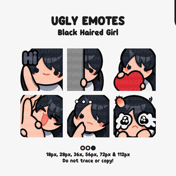 Instant Download Basic Black Haired Girl Pre-Made Chibi Emote Bundle Ready-to-use for Twitch Youtube Discord Kick Streaming