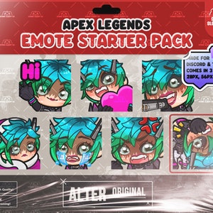 Peut inclure: Un ensemble de 6 émojis animés représentant un personnage aux cheveux verts avec différentes expressions. Les émojis sont intitulés "Hi", "Love", "Gun", "Cry", "Angry", et "Peek". Les émojis sont conçus pour être utilisés sur Discord et Twitch et sont disponibles en trois tailles : 28 px, 56 px et 112 px.