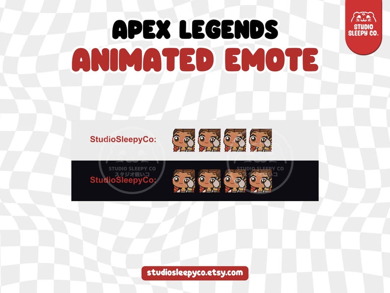 May include: Animated emote for the video game Apex Legends. The emote features a character with brown hair and a red and white outfit. The character is shown in four different poses, each with a different facial expression. The text "StudioSleepyCo" is displayed on the banner.
