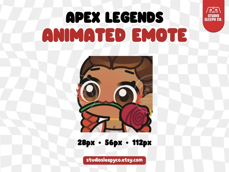 May include: Animated emote of a cartoon character with brown skin and brown hair, wearing a red and white outfit, holding a red rose in their mouth. The character has large eyes and a surprised expression. The emote is available in 28px, 56px, and 112px sizes.