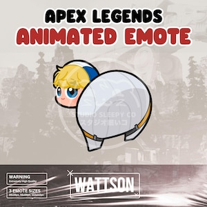 May include: Animated emote for the Apex Legends character Wattson. The emote features Wattson in a white and yellow jumpsuit with a blue helmet. The emote is in a crouching position with her arms outstretched.