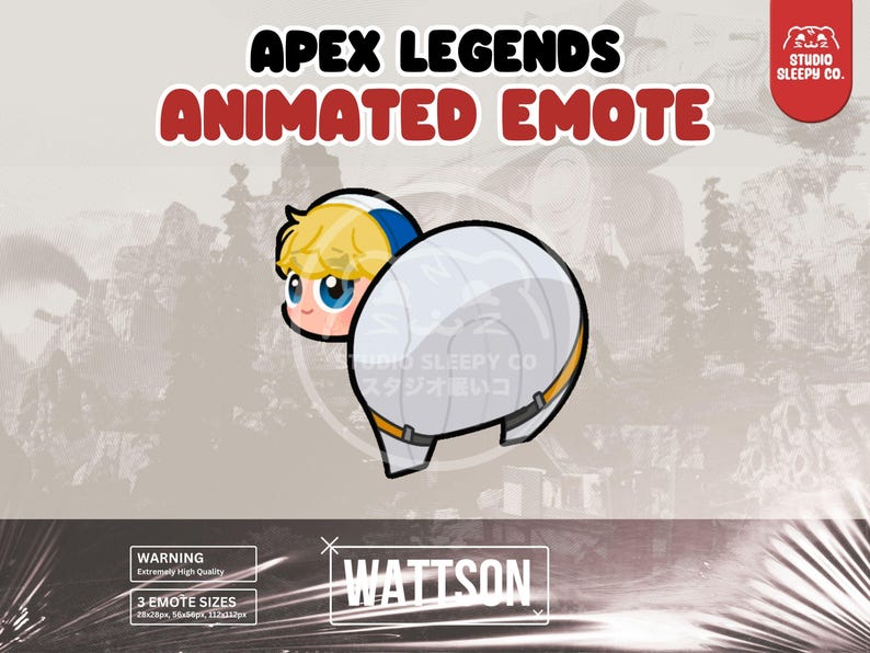 May include: Animated emote for the Apex Legends character Wattson. The emote features Wattson in a white and yellow jumpsuit with a blue helmet. The emote is in a crouching position with her arms outstretched.