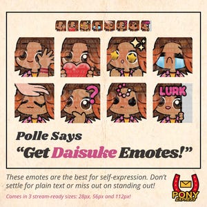 Peut inclure: Ensemble d'émoticônes de dessins animés avec diverses expressions, dont des cœurs, des étoiles et des larmes. Le texte "Polle Says 'Get Daisuke Emotes!'" est affiché. L'image comprend également le texte "These emotes are the best for self-expression."