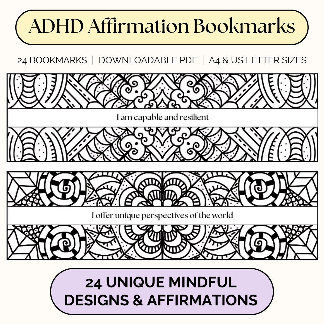 24 ADHD Positive Affirmation Mindfulness Bookmarks | Digital Download ...