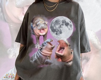 Moo Deng With The Moon Tee, Moon Feng Shirt, Cute Baby Hippo Moo Deng Bouncy Pig in Thai Hippopotamus Shirt, Hippo Lover, Funny Hippo Shirt