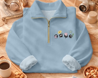 Soot Sprites Embroidered Quarter Zip Sweatshirt, Funny Studio Personalized Embroidery Streetwear