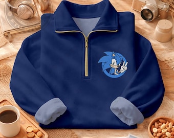 Blue Hedgehog Embroidered Quarter Zip Sweatshirt: Personalized Team Game Embroidery Hoodie Retro Gaming Streetwear