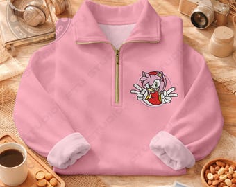 Amy Rose Embroidered Quarter Zip Sweatshirt, Custom Est Personalized Embroidery Retro Streetwear
