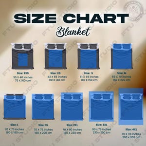 May include: Size chart for blankets in various sizes, from 2XS to 4XL. The chart shows the dimensions in both inches and centimetres. The blankets are shown in different colours, including blue and grey.