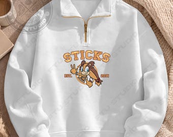 Sticks Embroidered Quarter Zip Sweatshirt, Hedgehog Custom Personalized Embroidery Retro Streetwear