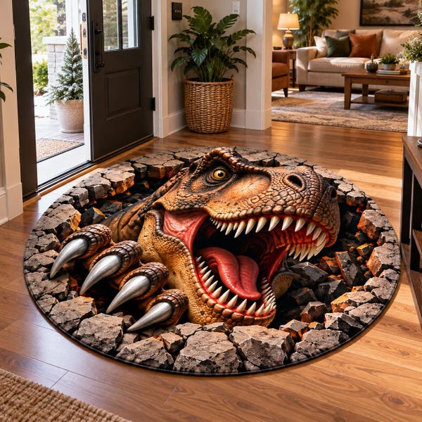 3D T-Rex Dinosaur Round Rug – Optical Illusion Cracked Floor Carpet, Realistic T Rex Attack Floor Mat, Jurassic Entryway Living Room Decor