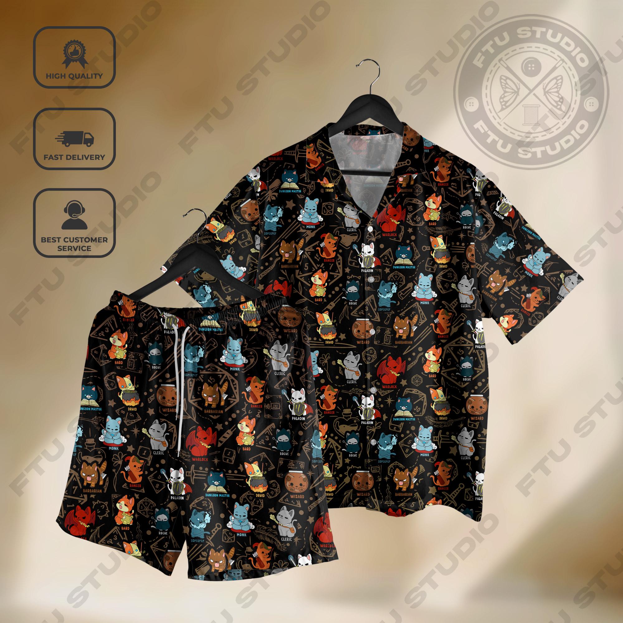 Discover Dungeon Cat Class Hawaiian Shirt and Shorts, Dice Set Tabletop Games Button up Shirt Gifts