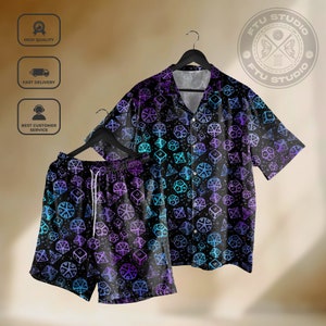 May include: A black and blue patterned shirt and matching shorts with a dice design. The shirt has a button-up collar and short sleeves. The shorts have an elastic waistband.