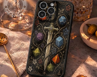 Fantasy Sword Phone Case D20 Dice Case Vintage Dark Gothic Gaming Gift