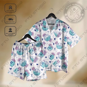 Flower DND Hawaiian Shirt, Dungeon Master D20 Button Up, Tabletop RPG Gaming Apparel, Cosmic Dice Set Gift for Gamers