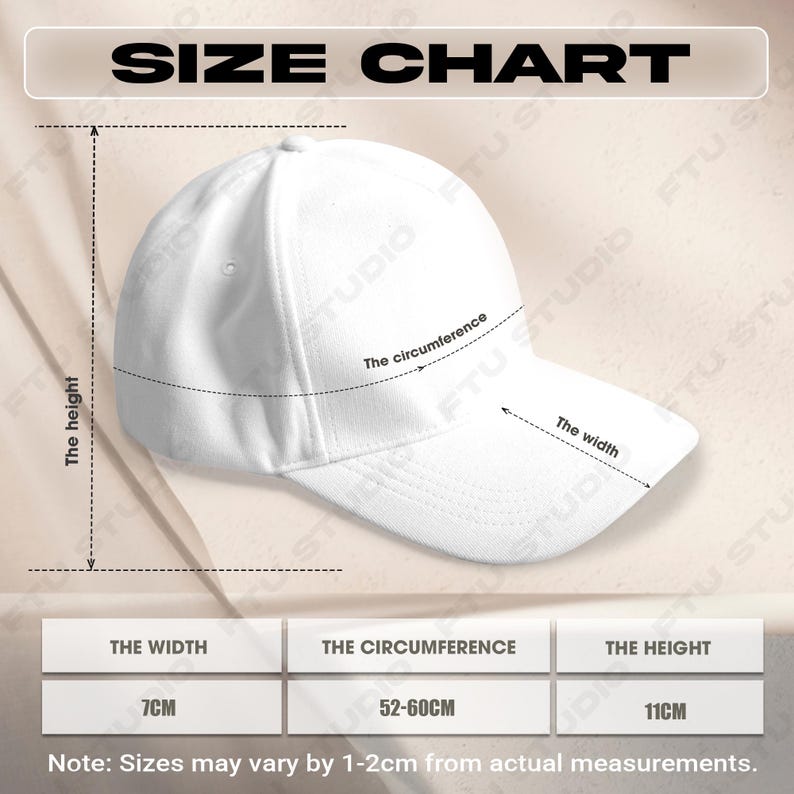 May include: A white baseball cap with a size chart. The chart shows the width is 7cm, the circumference is 52-60cm, and the height is 11cm. The text "SIZE CHART" is at the top.