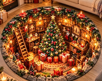 Könnte beinhalten: Ein runder Teppich mit einer 3D-Illustration eines gemütlichen Raums mit Steinwänden, der für Weihnachten geschmückt ist. Die Szene zeigt einen zentralen Weihnachtsbaum mit Kugeln, verpackten Geschenken, einer Holzleiter und Girlanden.