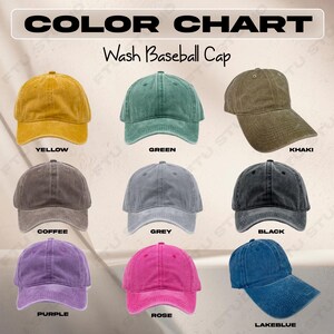 May include: A color chart displaying nine washed baseball caps in various colors. The colors include yellow, green, khaki, coffee, grey, black, purple, rose, and lake blue. The text "COLOR CHART" and "Wash Baseball Cap" are at the top.