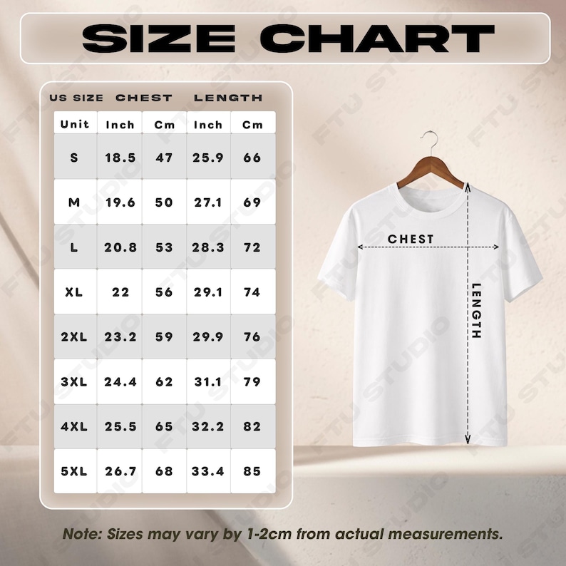 May include: A white t-shirt hangs on a wooden hanger, next to a size chart. The chart displays chest and length measurements in inches and centimeters for sizes S to 5XL. The text "SIZE CHART" is at the top.