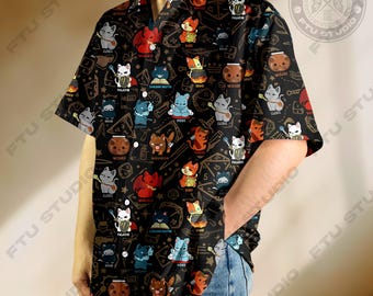 Dungeon Cat Class Hawaiian Shirt Dice Set Tabletop Games Button up Shirt Gifts