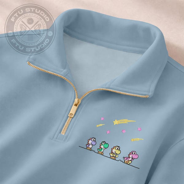 Yoshi Embroidered Sweatshirt Quarter Zip Personalized Colorful Dinosaur Gamer Embroidery Streetwear