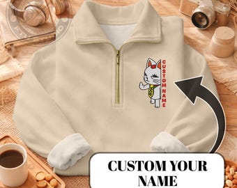 Cat Granny Embroidered Quarter Zip Sweatshirt, Turbo Custom Personalized Embroidery Retro Streetwear
