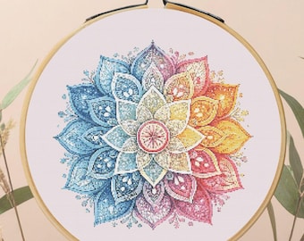 Boho Mandala Cross Stitch Pattern, Rainbow Floral Geometric Embroidery Design (PDF Download)
