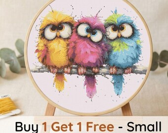 Funny Owl Trio Cross Stitch Pattern, Colorful Birds Embroidery Design (PDF Download)